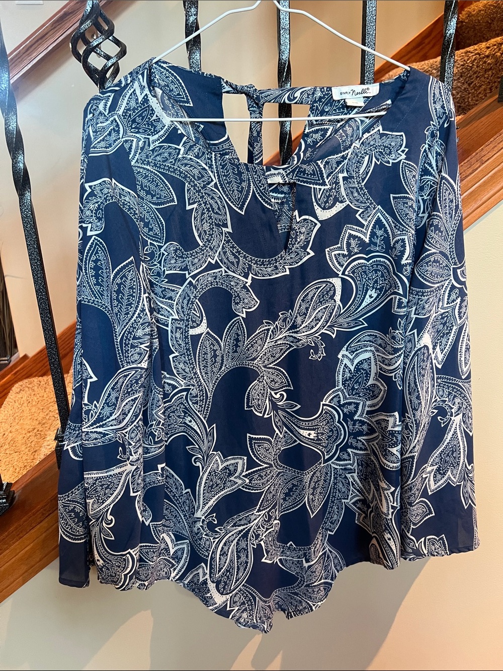 Simply Noelle Navy Blue and White Paisley Blouse